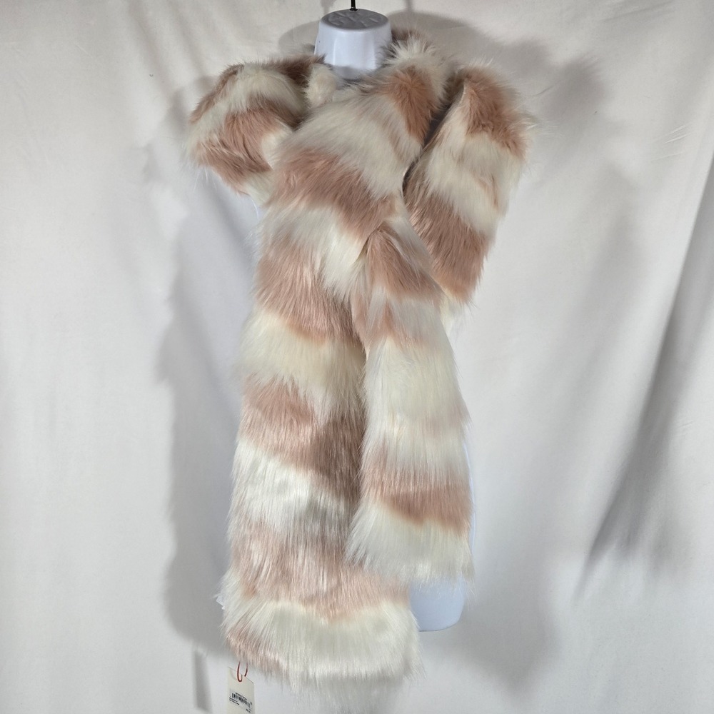NWT Open Edit Faux Fur Pull Through Scarf Blush Ivory Colorblock 68 x 9